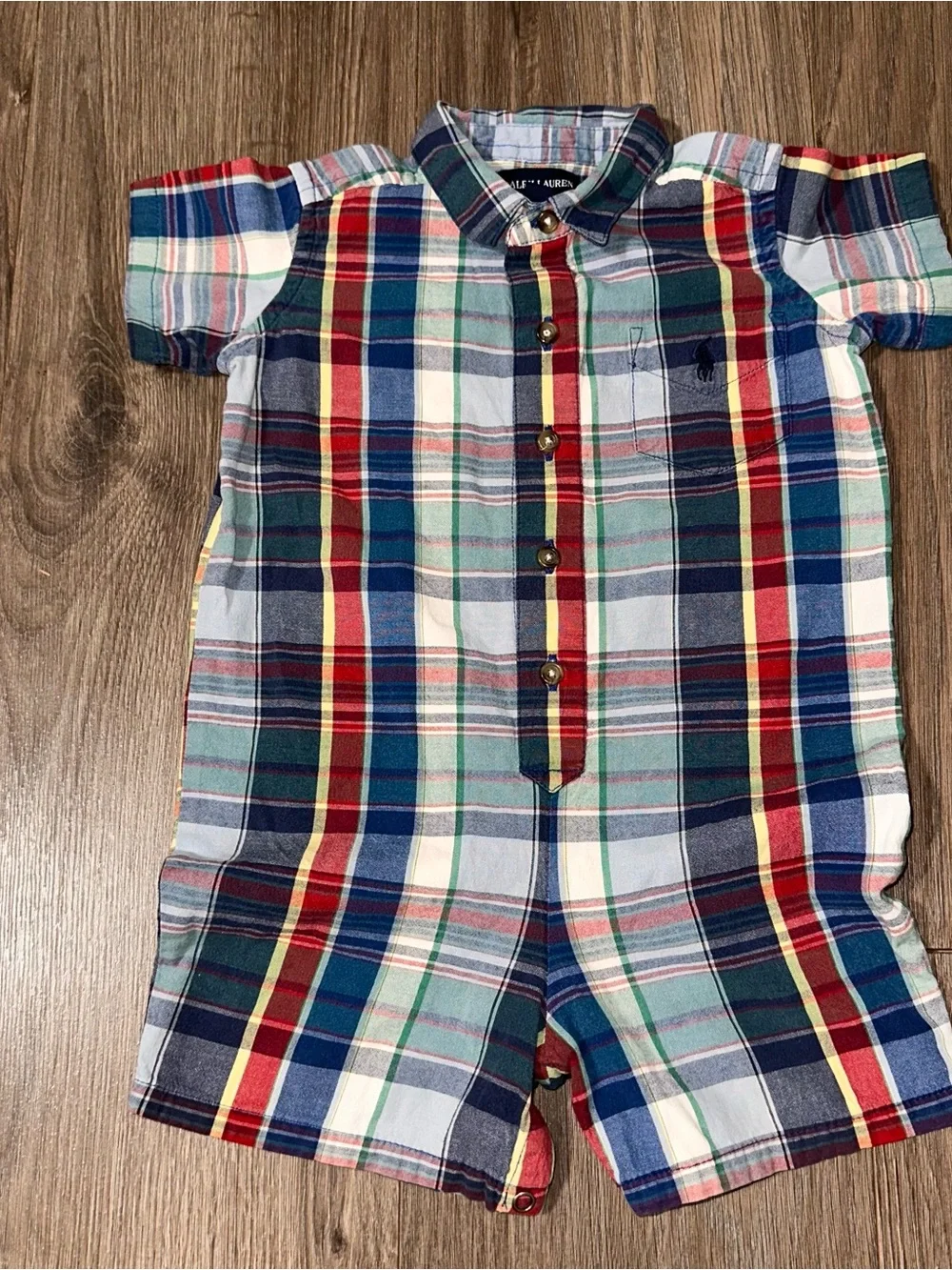 RL Baby Boy Navy Blue Plaid Cotton Romper Poplin Button Tag Detail 18-24 Months